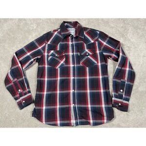 Levis Mens Small Western Plaid Snap Front Shirt Red Navy Blue Two Horse Brand